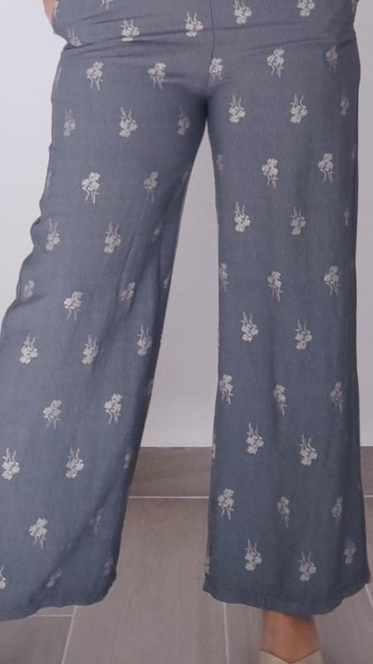 Pantalón Gris Flores Doradas